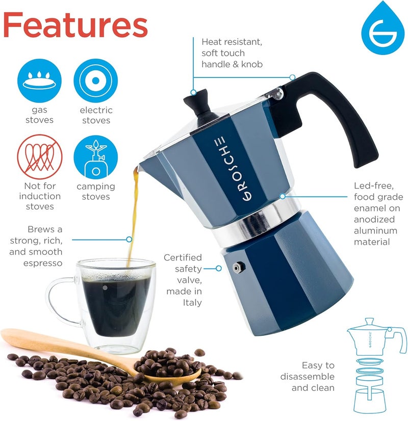 GROSCHE Milano Stovetop Espresso Maker Moka Pot 9 Espresso Cup, 15.2 oz, Blue. Stove top Coffee Maker Moka Italian Espresso greca Coffee Maker Brewer Percolator - Image 3